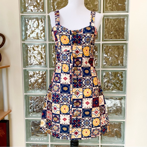 CIDER Retro 60s Patchwork Medallion Print Mod Mini A-Line Jumper Dress S - Picture 2 of 12